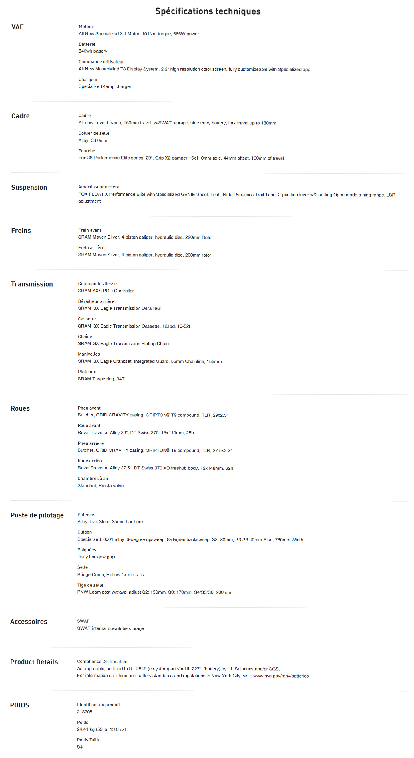 Caracteristique technique du Vélo électrique Turbo Levo 4 Expert année 2025